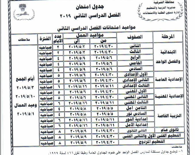 جدول امتحانات الفصل الدراسي الثاني لمحافظة الشرقية 2019
