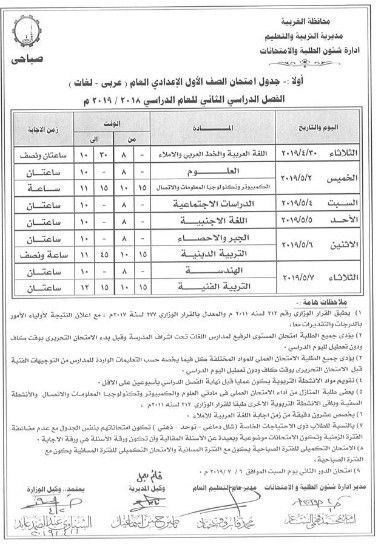 جداول امتحانات محافظة الغربية للفصل الدراسي الثاني 2019