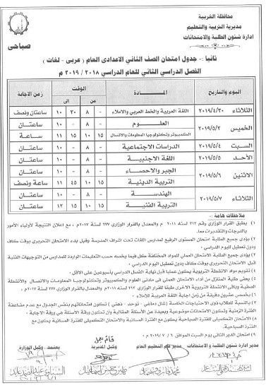 جداول امتحانات محافظة الغربية للفصل الدراسي الثاني 2019