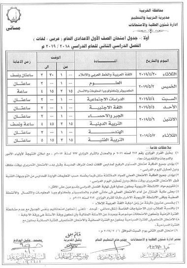 جداول امتحانات محافظة الغربية للفصل الدراسي الثاني 2019