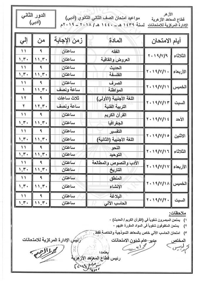 جداول امتحانات الدور الثاني 2019 للمعاهد الازهرية ( ابتدائي – اعدادي – ثانوي )...