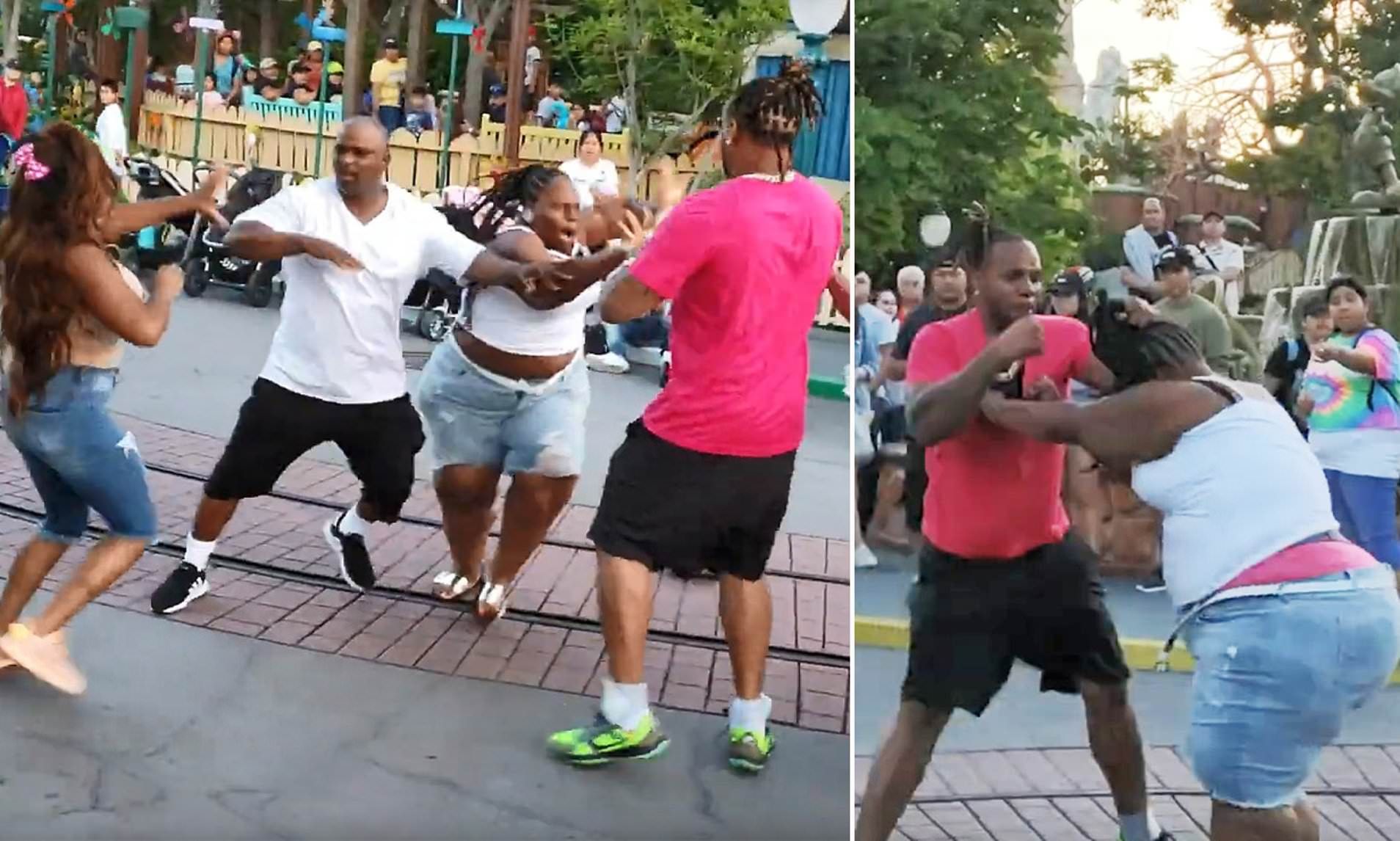 امرأة سمينة تفاجئ رجل وتبصق في وجهه في ديزني لاند.. شاهدوا ردة فعله العنيفة!