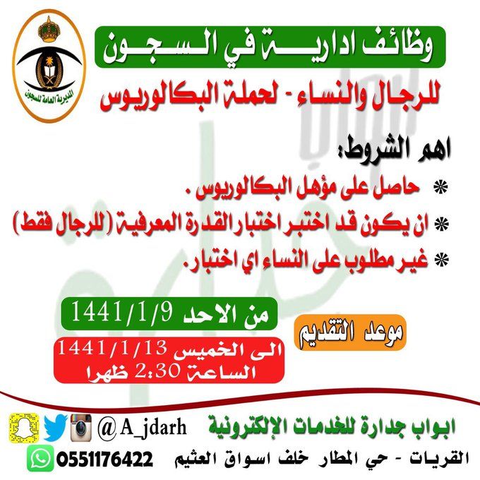ترقب: وظائف مصلحة السجون جدارة 1441 وزاره الخدمة المدنية “رابط التقديم على وظيفة السجون”...