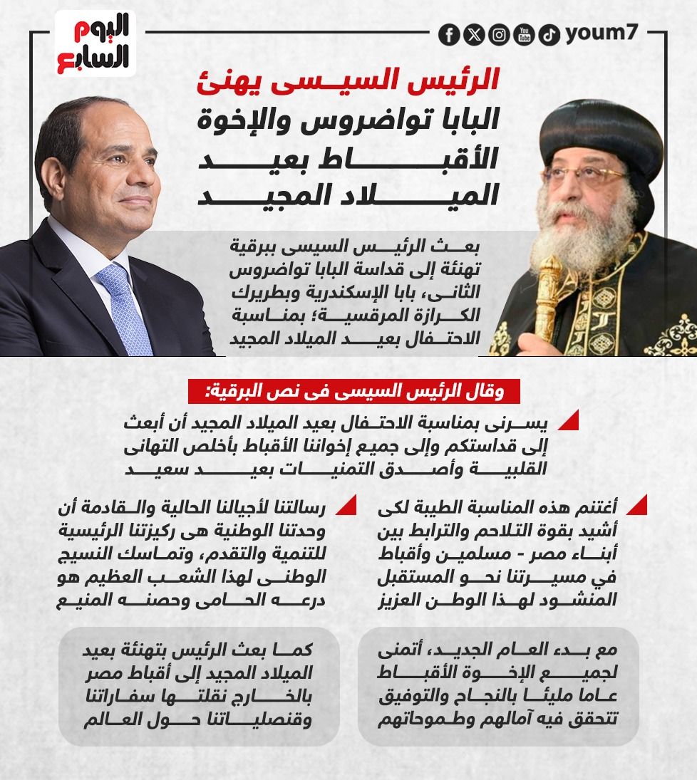 الرئيس السيسى يهنئ البابا تواضروس والإخوة الأقباط بعيد الميلاد المجيد.. إنفوجراف