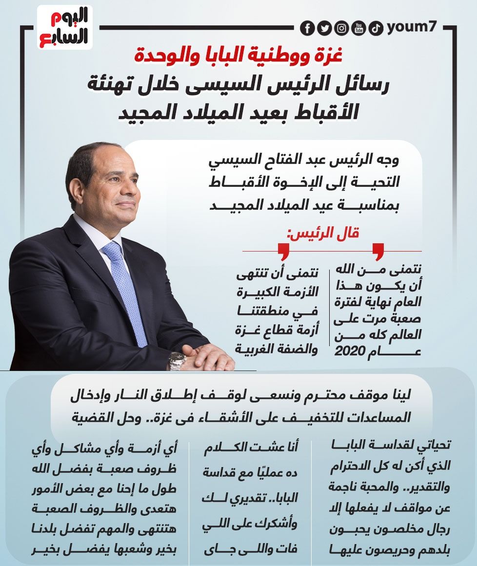 رسائل الرئيس السيسي خلال تهنئة الأقباط بعيد الميلاد المجيد.. إنفوجراف