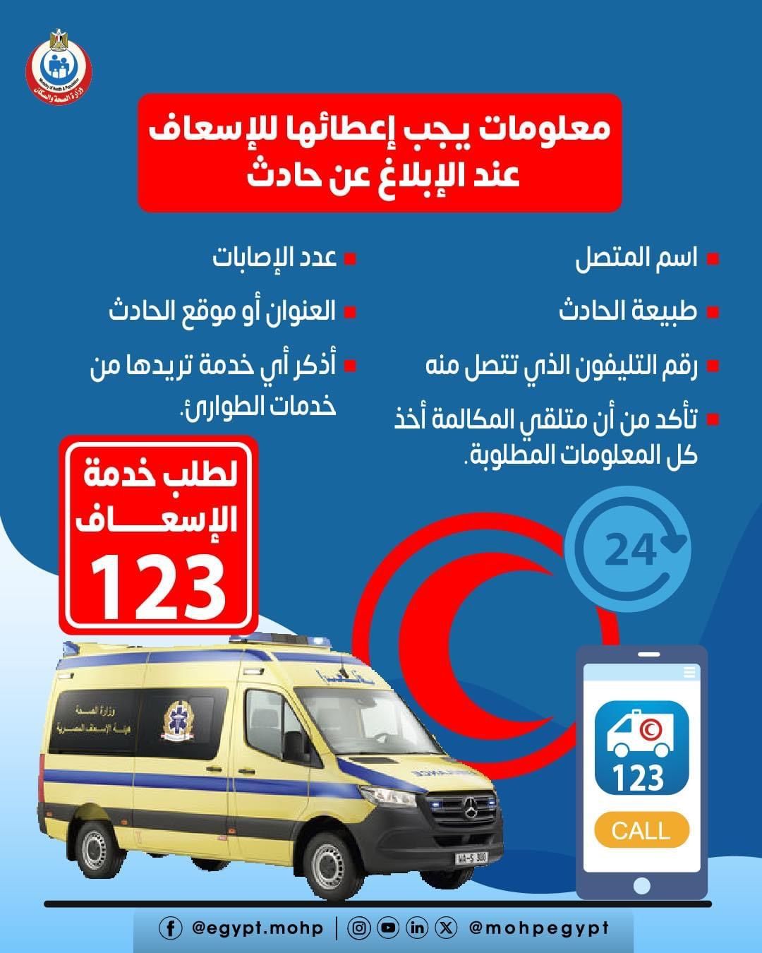 وزارة الصحة تكشف معلومات مهمة للإسعاف حال الإبلاغ عن الحوادث.. تفاصيل