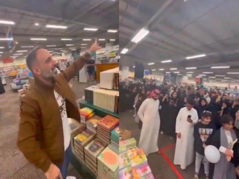 تراند اليوم : أقل واحد واقف له 4 ساعات.. شاهد .. طوابير طويلة للحصول على توقيع الكاتب الكويتي فارس عاشور أثناء تواجده في جازان