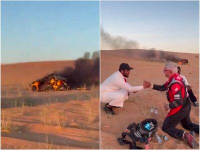تراند اليوم : حادث مروع لمتسابق في رالي داكار سيارته تفحمت بالكامل.. شاهد: ماذا فعل الشباب السعوديون معه