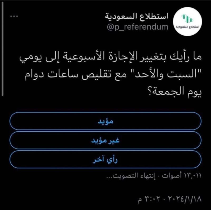 تراند اليوم : ما رأيكم أن تصبح الإجازة الأسبوعية " السبت والأحد" بدلا من الجمعة والسبت ؟