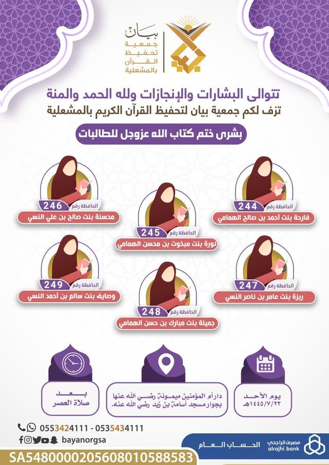 "بيان" لتحفيظ القرآن بالمشعلية تكرّم 6 حافظات من الأمهات والمتعلمات