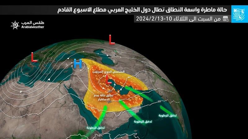 منخفض جوي يتسبب بحالة مطرية واسعة مطلع الأسبوع القادم