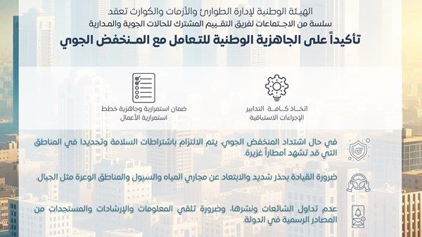 «الطوارئ والأزمات» تعزز الجاهزية الوطنية لمواجهة المنخفض الجوي