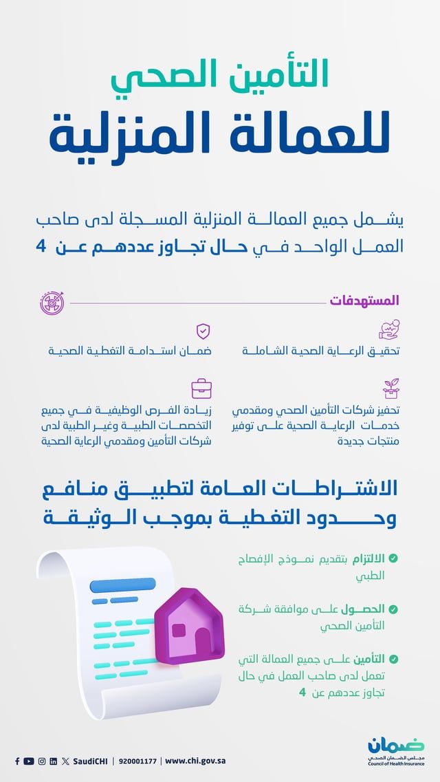 "الضمان الصحي" يوضح تفاصيل نظام التأمين للعمالة المنزلية التي يزيد عددها على 4