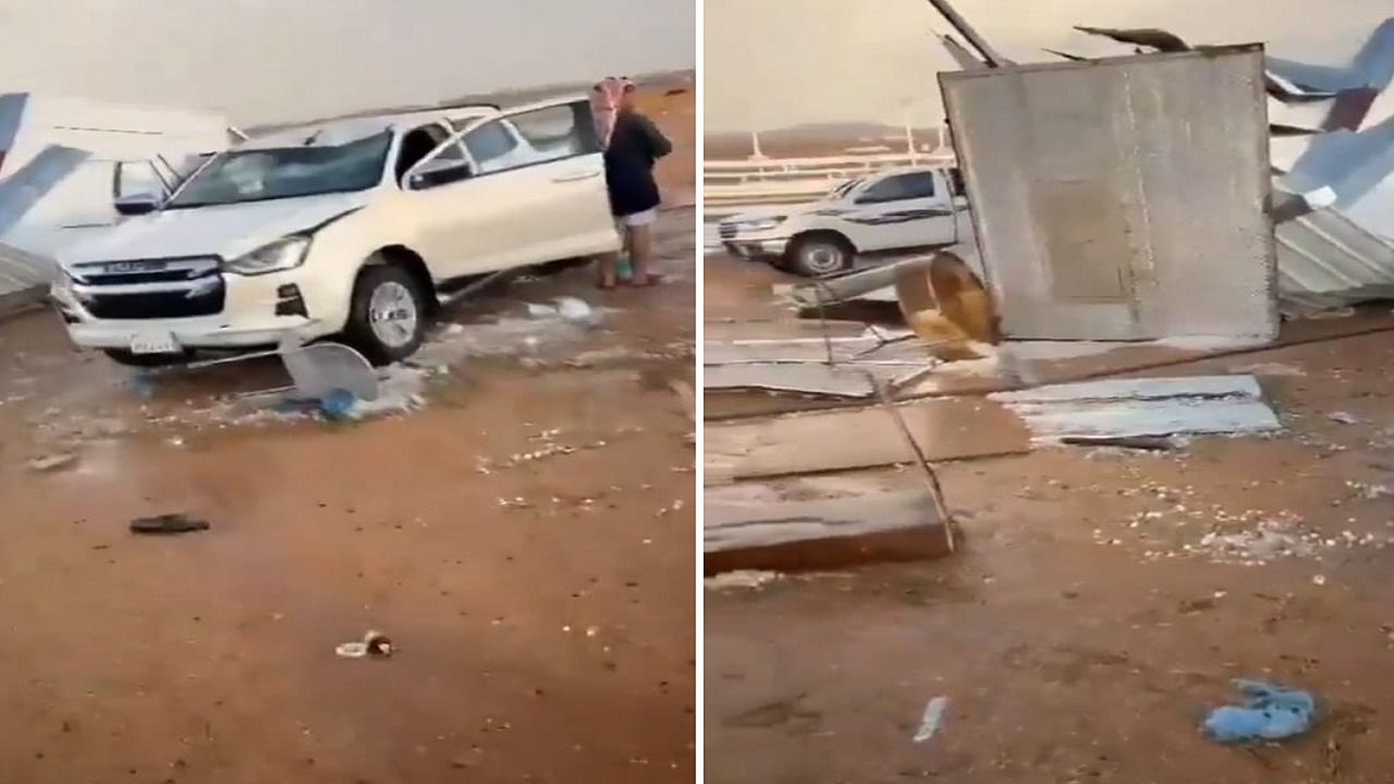 أمطار قوية تحطم غرفة ومركبة بالرياض .. فيديو