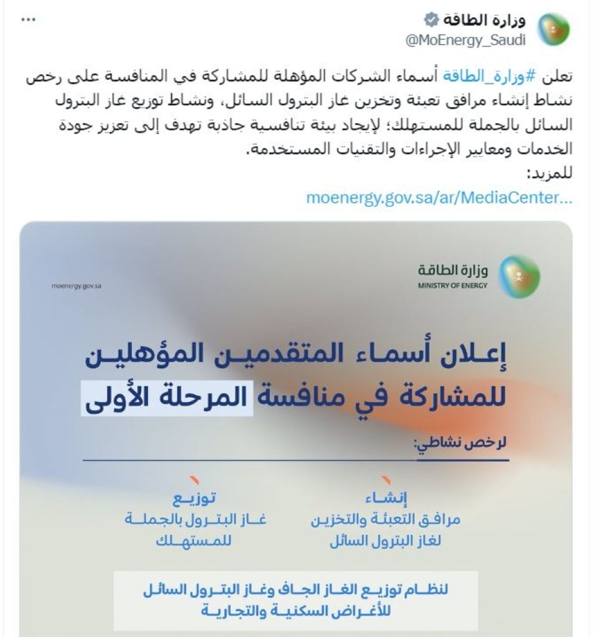 13 شركة مؤهلة للمنافسة على أنشطة إنشاء مرافق تعبئة وتخزين الغاز وتوزيعه