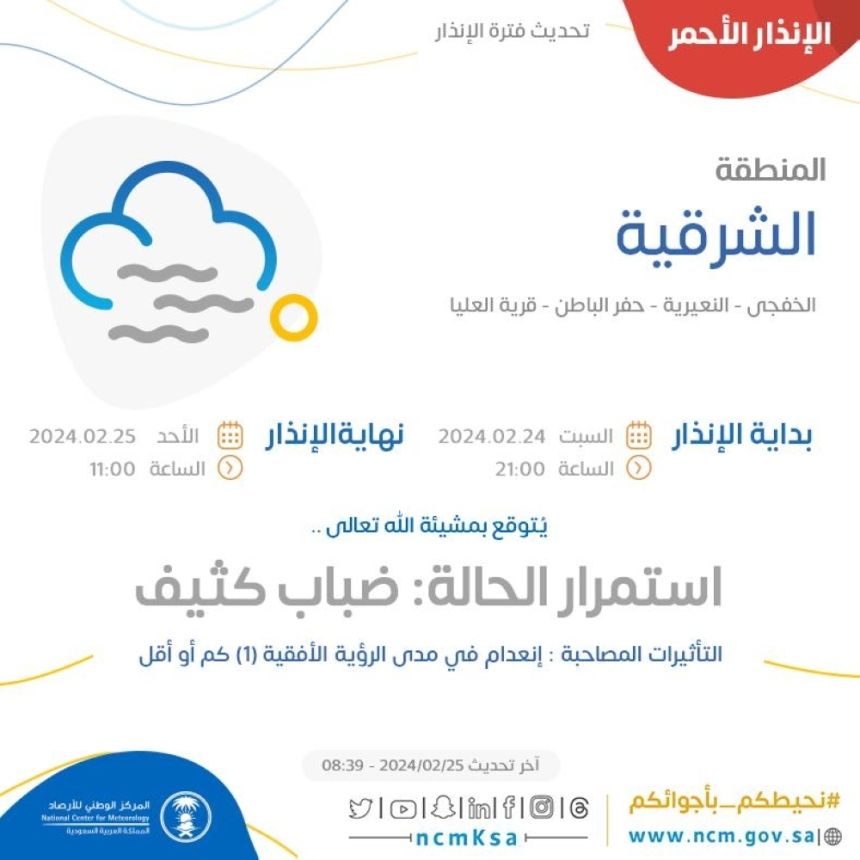 إنذار أحمر.. "الأرصاد" يحذر من طقس الشرقية والحدود الشمالية