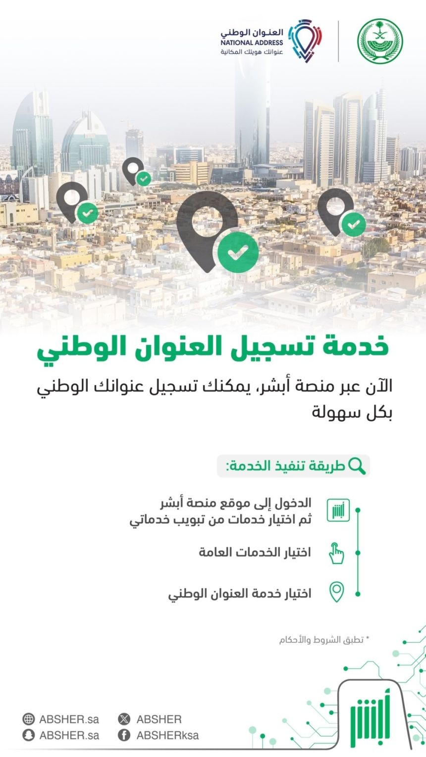 3 خطوات عبر أبشر.. كيفية تسجيل العنوان الوطني