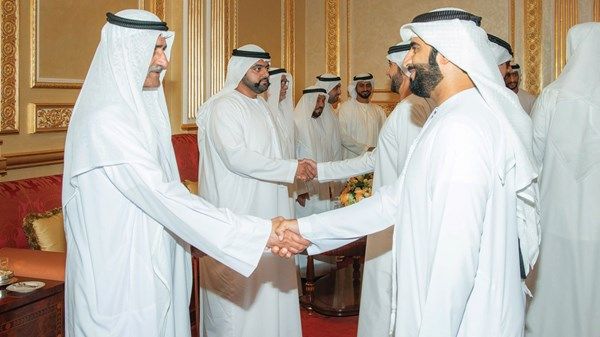 حمد الشرقي وسعود القاسمي وراشد المعلا يستقبلون المهنئين بشهر رمضان
