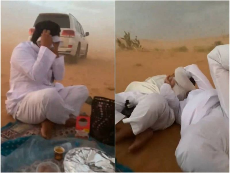 تراند اليوم : شاهد .. شباب يتفاجؤون بهبوب رياح قوية أثناء تناولهم الفطور في البر