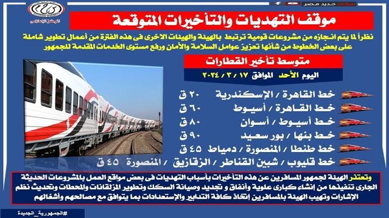 تصل لـ90 دقيقة.. جدول تأخيرات القطارات اليوم على 6 خطوط