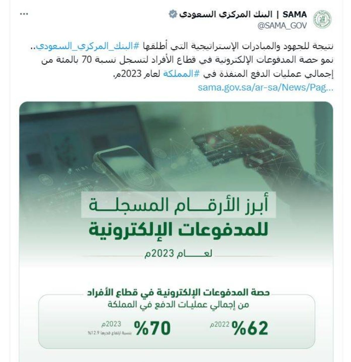 %70 حصة المدفوعات الالكترونية للأفراد في قطاع التجزئة