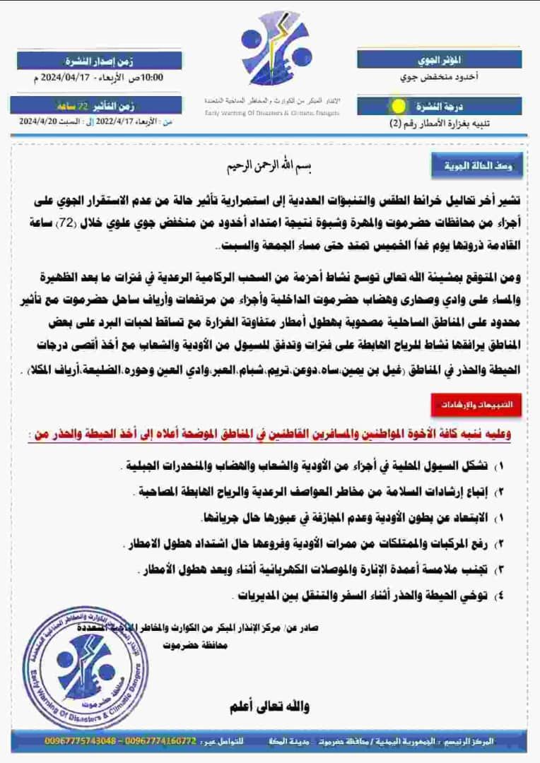 اليمن.. مركز الإنذار المبكر يحذر من استمرار تأثير المنخفض الجوي في المحافظات الشرقية خلال الـ72 ساعة القادمة