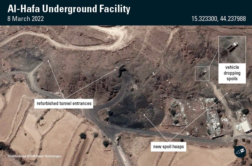 صور الأقمار الصناعية تكشف قيام جماعة الحوثي بتوسيع بناء منشآت عسكرية تحت الأرض في اليمن