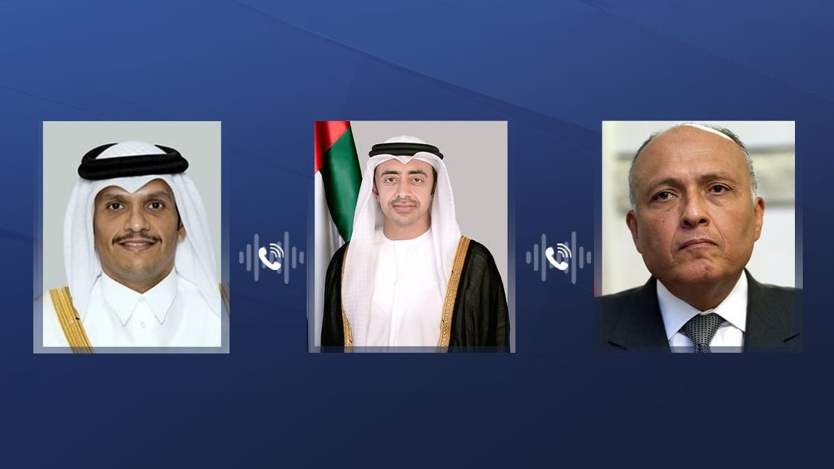 الامارات | عبدالله بن زايد يبحث ورئيس الوزراء القطري ووزير الخارجية المصري الأوضاع في غزة وجهود وقف إطلاق النار