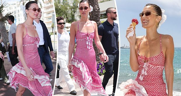 بفستان مستوحى من الكوفية.. بيلا حديد تتألق في شوارع كان