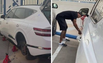 شاهد.. نيمار يمزق "إطار"سيارة زميله ب "سكين" ويثير الجدل