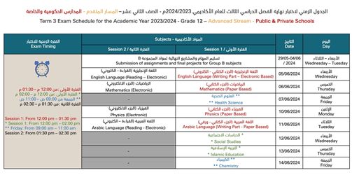 جداول امتحانات نهاية العام لطلبة الـ12