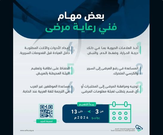 السعودية | “التخصصات الصحية” تعلن بدء التقديم على برنامج “فني رعاية مرضى”