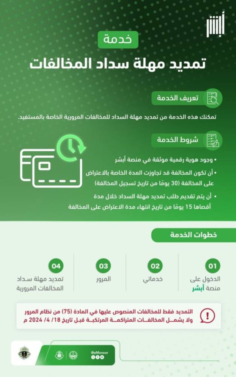 "المرور" يتيح خدمة تمديد مهلة سداد المخالفات المرورية.. ويوضح الشروط وطريقة التنفيذ