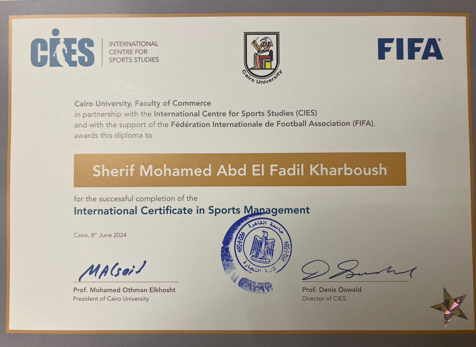 شريف عبد الفضيل يحصل على دبلومة FIFA / CIES.. صور