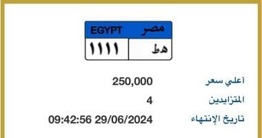 لوحة سيارة ( هـ ط - 1111) بسعر 250 ألف جنيه.. 4 مزايدين يبدأون التنافس