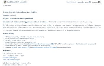 السفارة الأميركية في بيروت ذكّرت مواطنيها بضرورة إعادة النظر في السفر إلى لبنان
