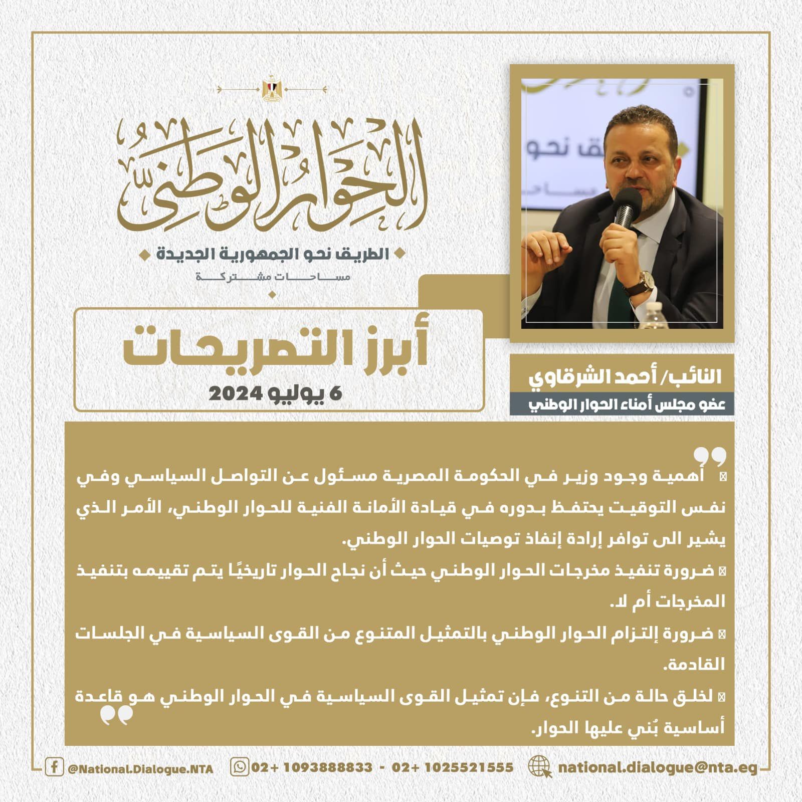 النائب أحمد الشرقاوى: نجاح الحوار الوطنى تاريخيا يتم تقييمه بتنفيذ مخرجاته