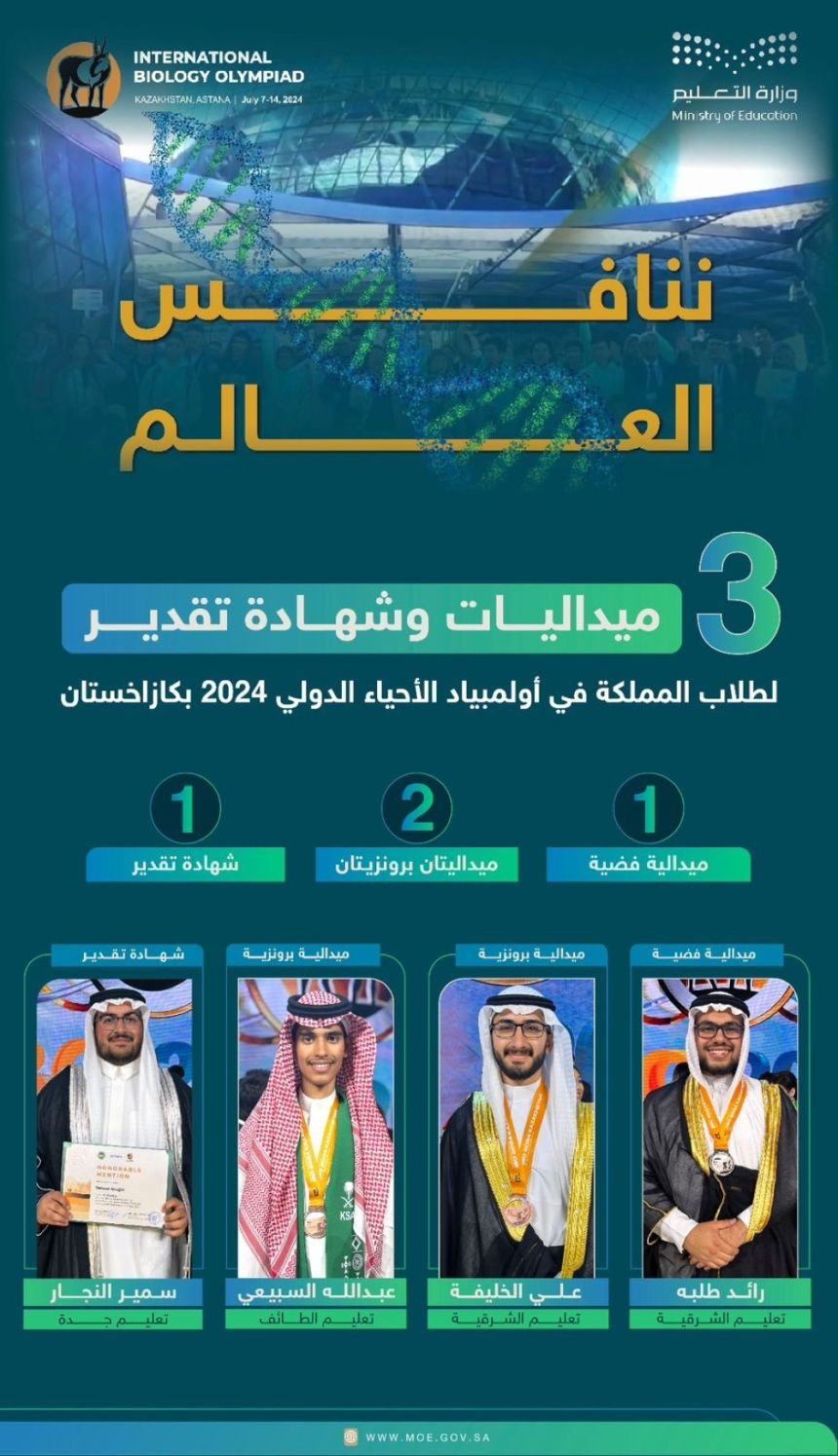 طلاب المملكة يتألقون في أولمبياد الأحياء الدولي 2024 بكازاخستان