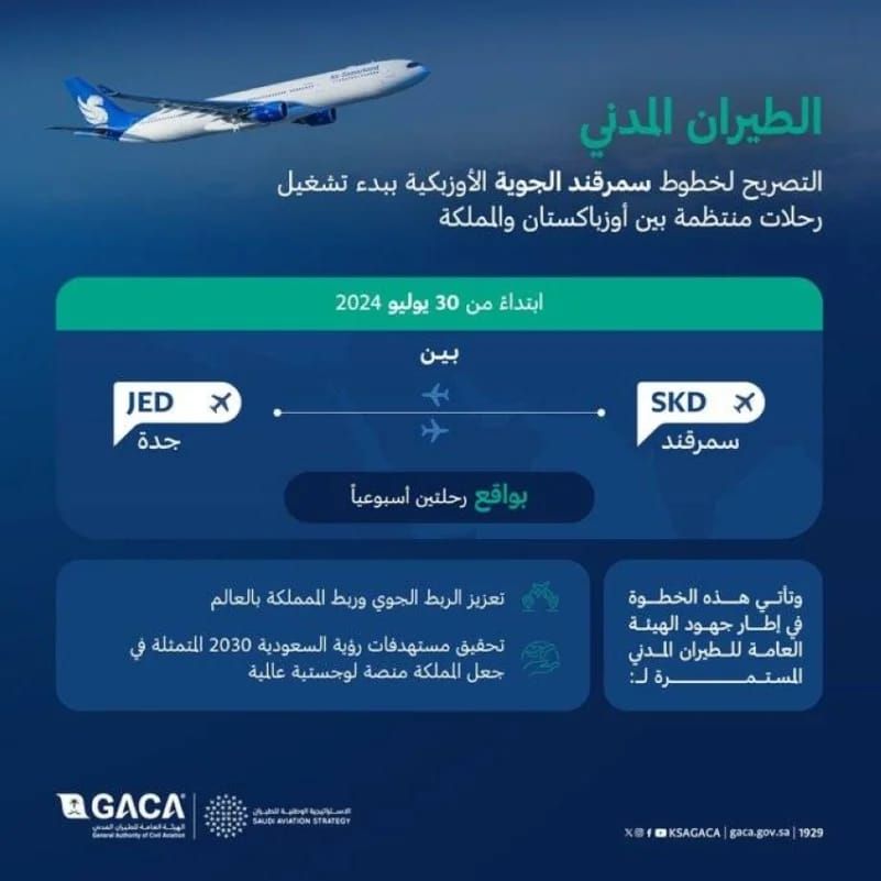 بدء تشغيل أولى الرحلات المنتظمة بين المملكة وأوزباسكتان