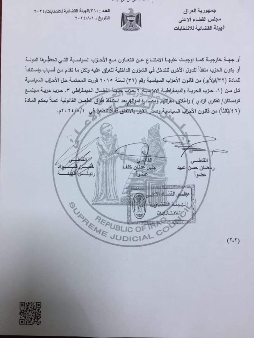 القضاء العراقي يقرر حل ثلاثة أحزاب عراقية