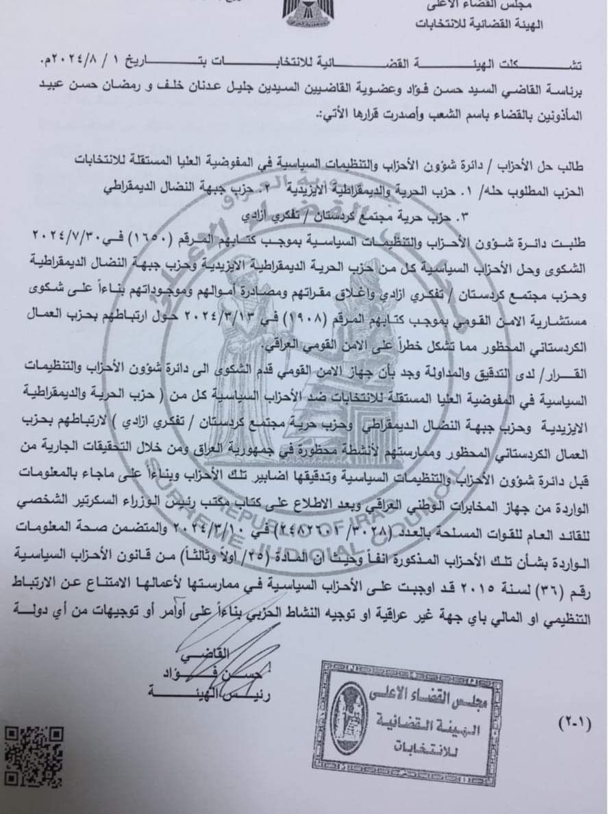 القضاء العراقي يقرر حل ثلاثة أحزاب عراقية