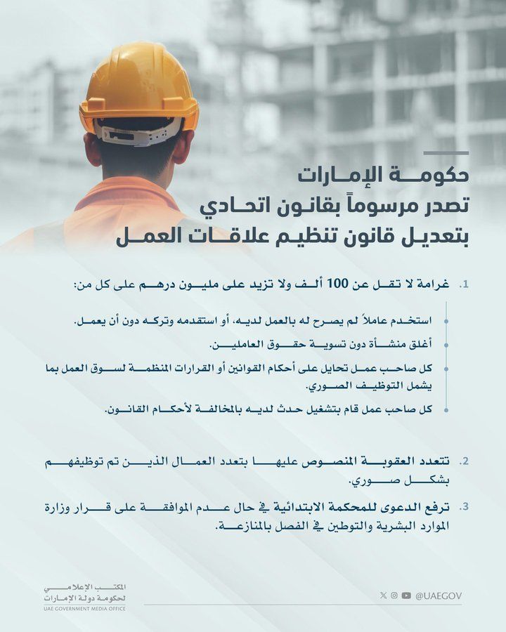 الخليج اليوم .. الإمارات.. مرسوم بقانون اتحادي بتعديل قانون تنظيم علاقات العمل