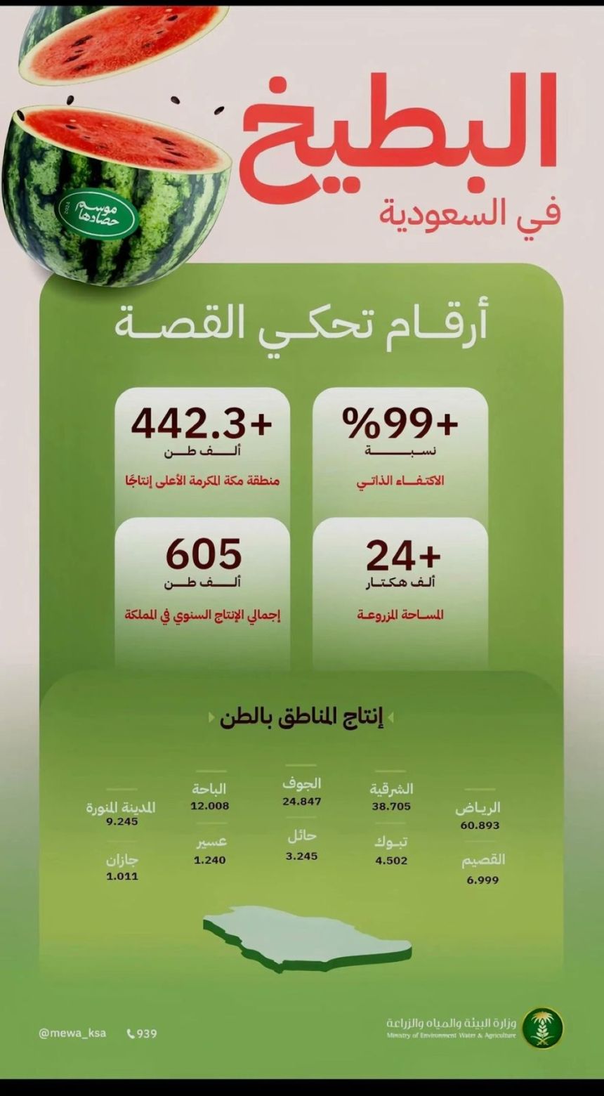 مكة المكرمة تتربع على عرش إنتاج البطيخ في المملكة بأكثر من 442 ألف طن