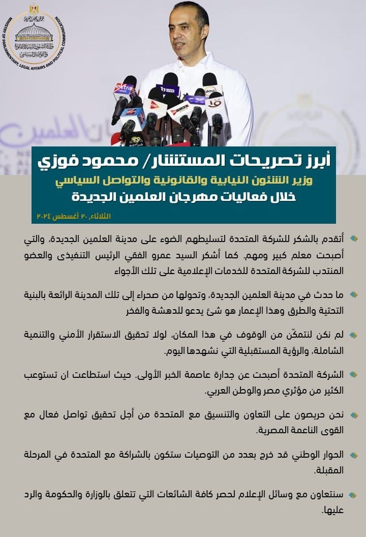 وزير الشئون النيابية من العلمين: المتحدة نجحت فى تسليط الضوء على المدينة الساحرة