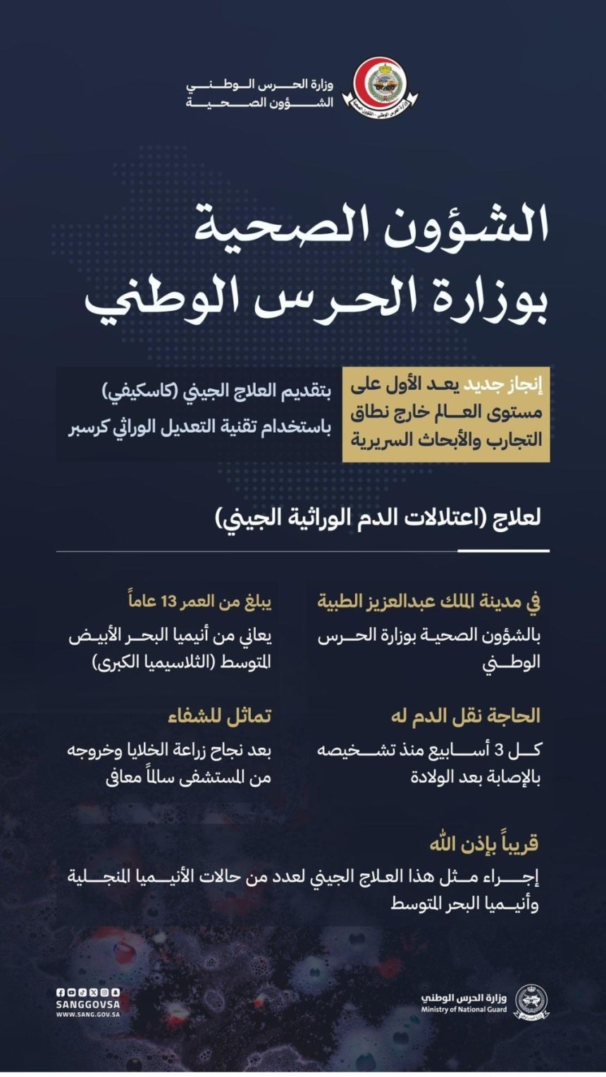 المملكة تقود العالم في علاج اعتلالات الدم الوراثية بتقنية "كاسكيفي"