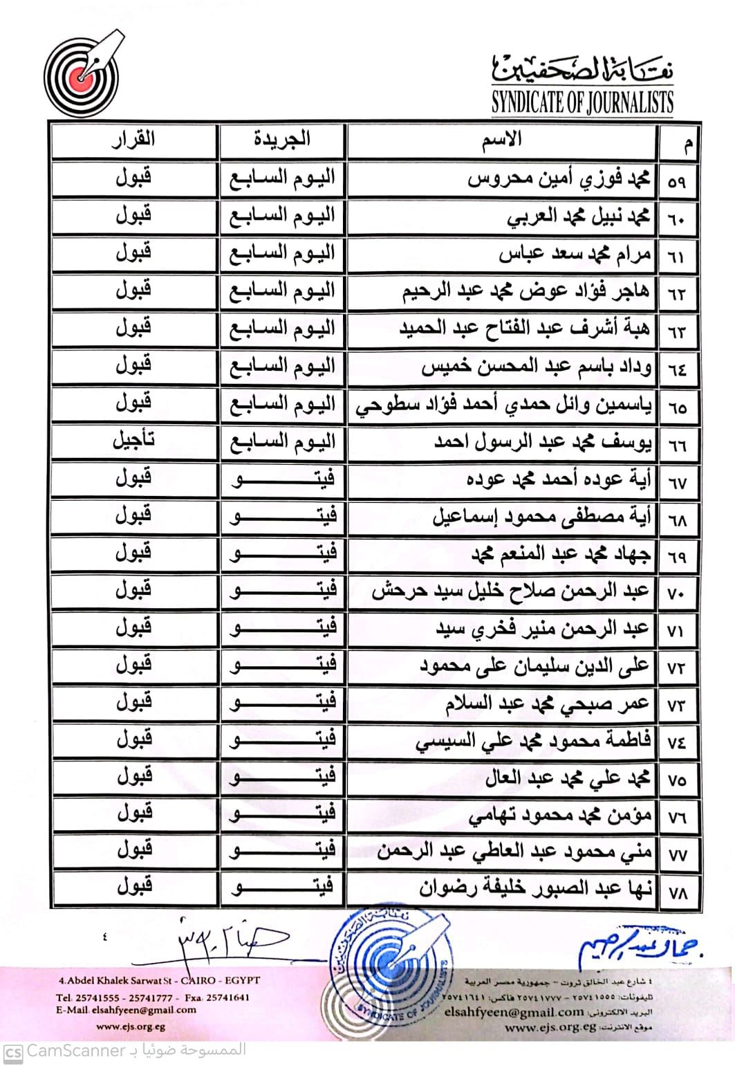 ننشر نتيجة القيد لجدول تحت التمرين بنقابة الصحفيين عقب اعتمادها رسميا