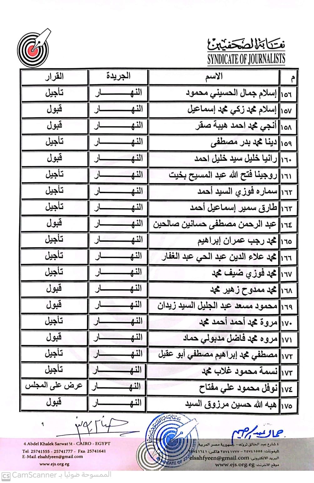 ننشر نتيجة القيد لجدول تحت التمرين بنقابة الصحفيين عقب اعتمادها رسميا