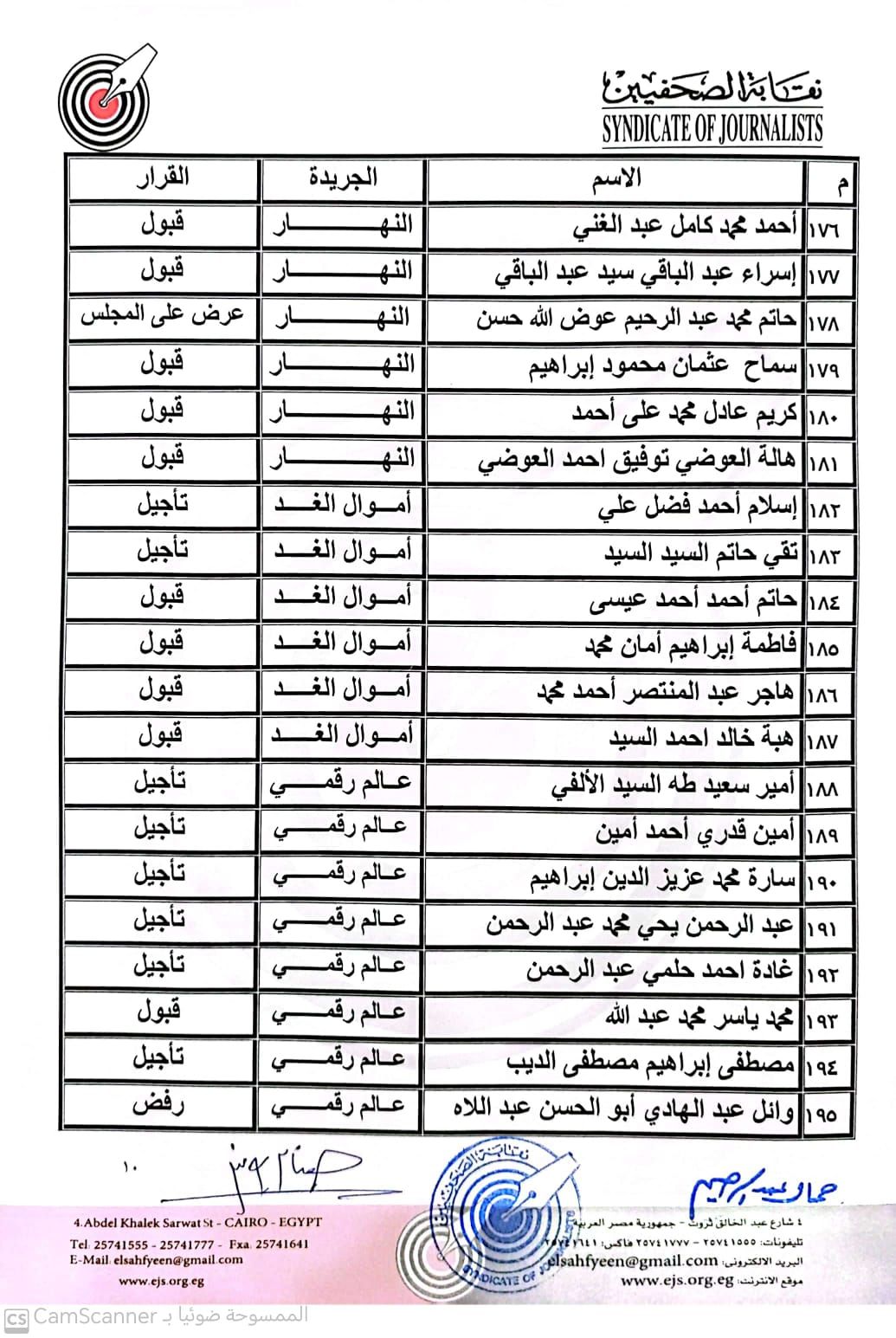 ننشر نتيجة القيد لجدول تحت التمرين بنقابة الصحفيين عقب اعتمادها رسميا