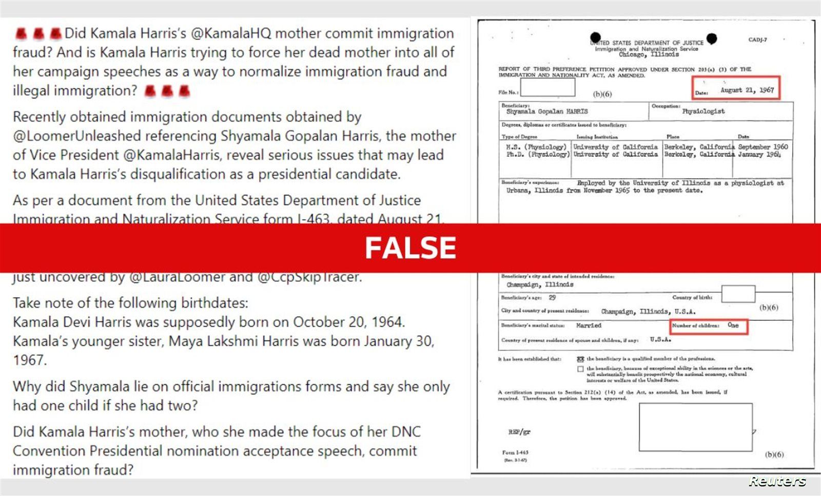 حقيقة نموذج هجرة تقدمت به والدة هاريس بشأن عدد الأطفال