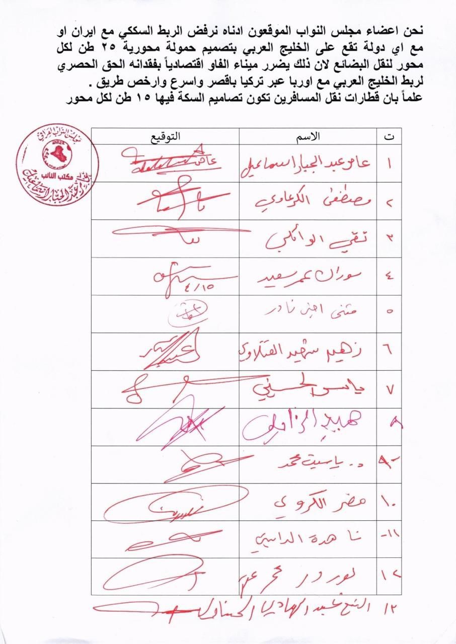 بالوثائق.. تواقيع برلمانية لرفض الربط السككي مع إيران